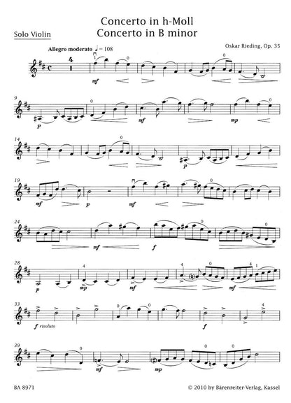 Rieding, Oskar (Sassmannshaus): Violin Concerto Op. 35 in b minor (violin & piano) Barenreiter