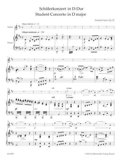 Seitz, f.: Student Concerto in D Major, Op. 22 (violin & piano) Barenreiter