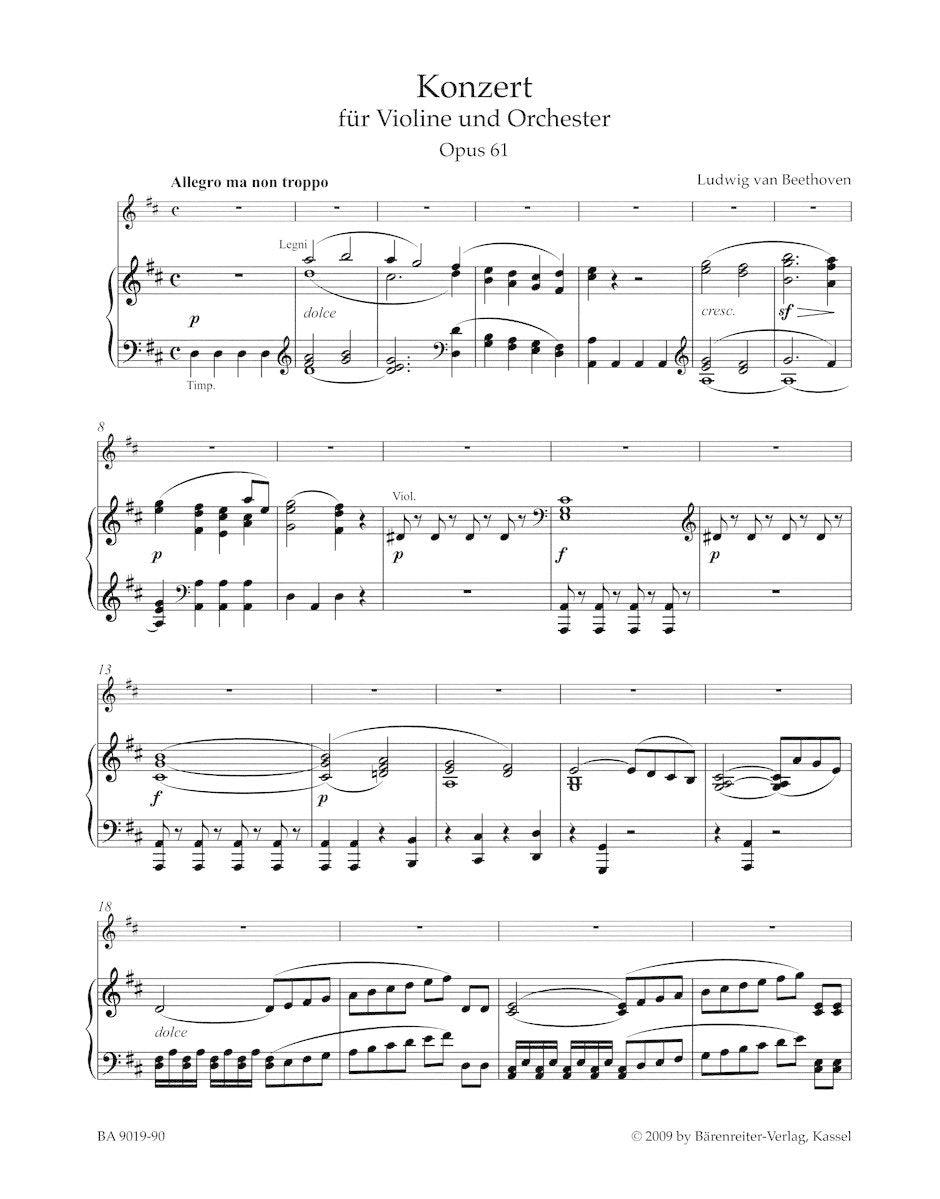Beethoven, L. van (Del Mar): Violin Concerto in D Major, Op. 61 (violin & piano) Barenreiter Urtext