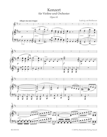 Beethoven, L. van (Del Mar): Violin Concerto in D Major, Op. 61 (violin & piano) Barenreiter Urtext