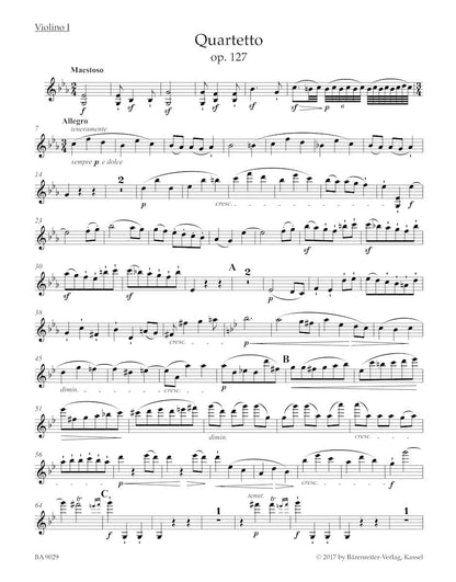 Beethoven (Del Mar): String Quartet in E-flat major, Op. 127 , Urtext (string quartet parts) Barenreiter