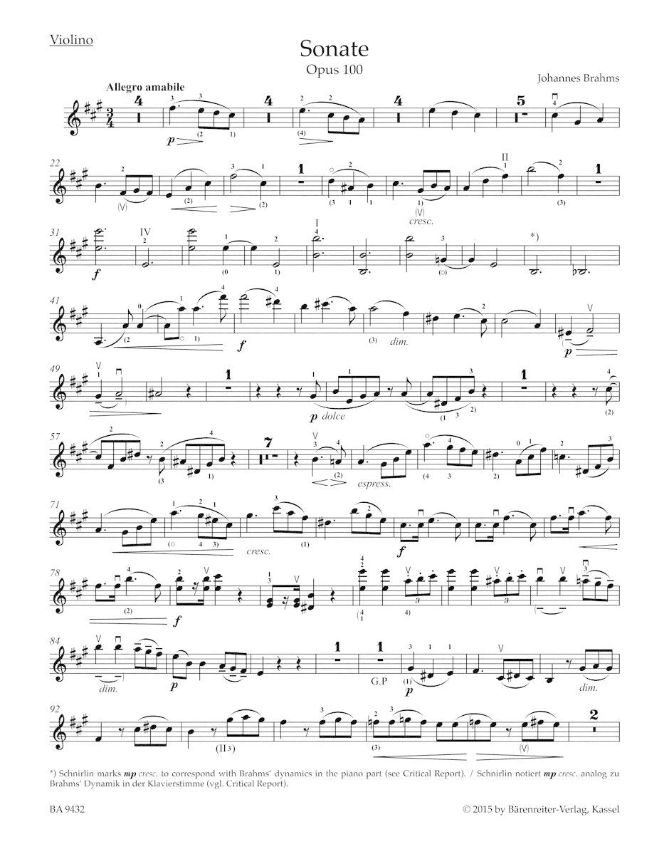 Brahms, Johannes : Sonata A major op. 100  (Violin and Piano) Barenreiter Urtext