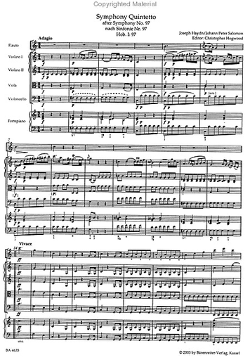 Haydn, F.J. (Hogwood): Salomon Symphony Quintetto (flute, 2 violins, viola, cello, pian) Barenreiter