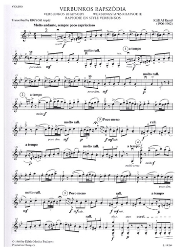 Kokai: Verbunkos Rhapsody for Violin (or viola) and piano