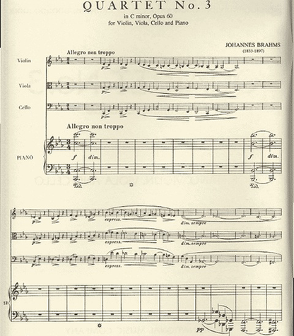 Brahms, Johannes: Piano Quartet in C minor, Op. 60 (violin, viola, cello, piano)