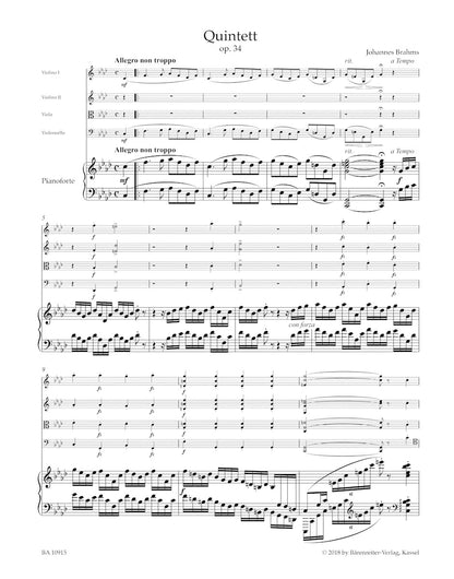 Brahms: Piano quintet in F minor Op.34 - URTEXT (violin, violin, viola, cello & piano) Barenreiter