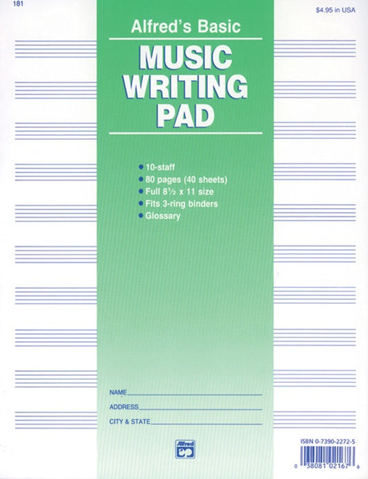 Alfred: 10 Stave Music Writing Manuscript Pad (8 1/2" x 11") | Metzler Violins