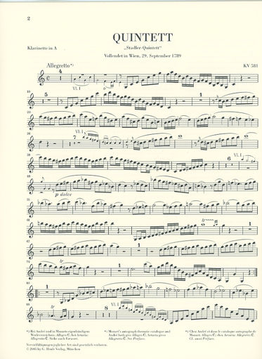 Mozart, W.A. (Wiese): Clarinet Quintet in A, K.581and Fragment K.Anh. 91 (516c), urtext (clarinet, 2 violins, viola, and cello)