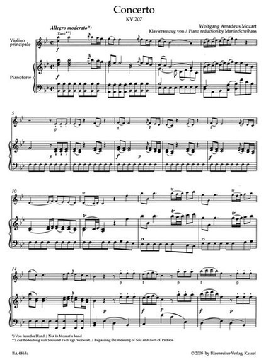 Mozart, W.A. (Mahling): Concerto No. 1 in Bb Major, KV 207 (violin & piano) Barenreiter Urtext
