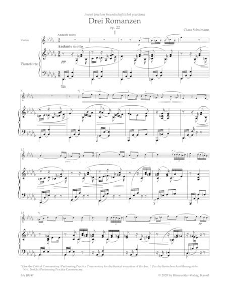 Schumann, Clara (Ross): Three Romances for Violin & Piano, op. 22, Barenreiter