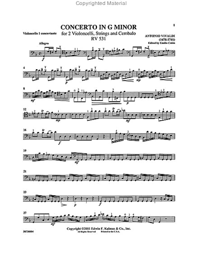 Vivaldi, Antonio (Colon): Concerto in G Minor RV531 (2 Cellos & Piano)