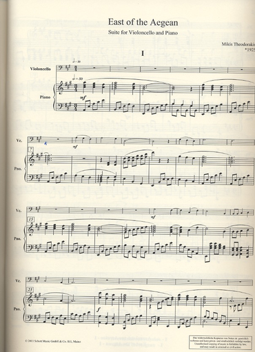 Theodorakis, Mikis: East of the Aegean (cello & piano)