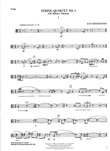 Siegmeister, Elie: String Quartet No. 3 (On Hebrew Themes), set of parts