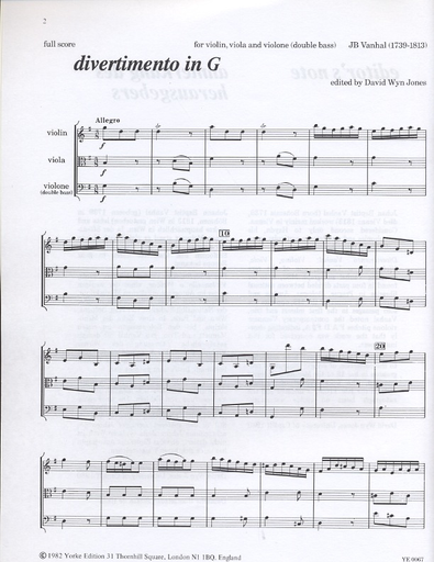 Vanhal: Divertimento in G (violin, Viola, Bass) score & parts