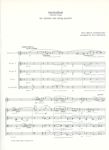 Tchaikovsky/Takemitsu: Autumn Song for clarinet, 2 violins, viola, cello (score & parts)