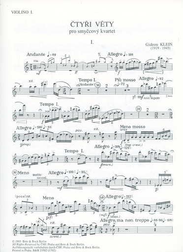 Klein, Gideon: Certyri Vety-Four Movements for String Quartet, 1938 (score and parts)