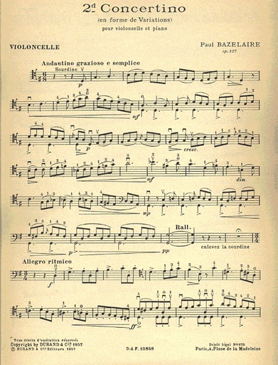 Bazelaire, P.: Second Concertino Op. 127, En Forme de Variations (cello & piano)