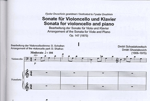 Shostakovich, Dmitri (Schafran): Viola Sonata Op.147 arranged for Cello & Piano