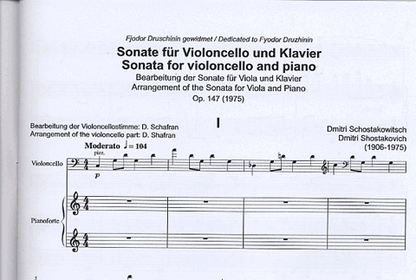 Shostakovich, Dmitri (Schafran): Viola Sonata Op.147 arranged for Cello & Piano