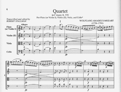Mozart, W.A.: String Quartet in C major, K.570 (flute or violin, viola and cello)