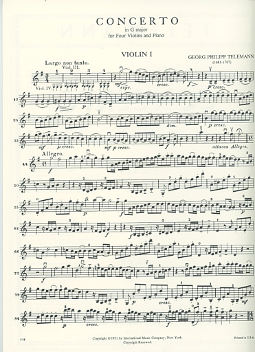 Telemann, G.P.: Concerto in G major, score & parts (4 violins) IMC