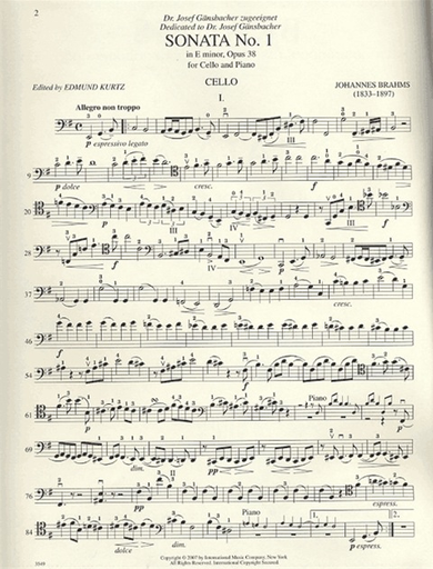 Brahms, Johannes (Kurtz): Sonata #1 in E minor, Op.38 (cello & piano)