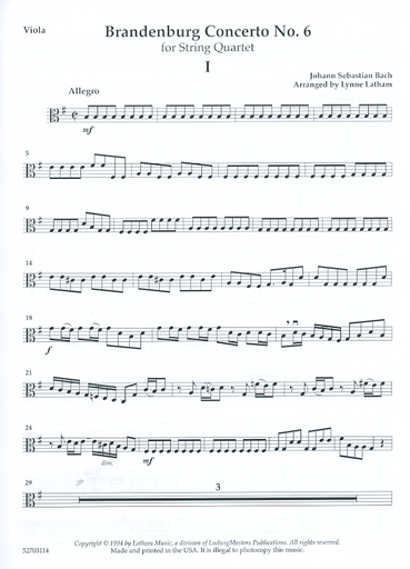 Bach, J.S. (Latham): Brandenburg Concerto No. 6 arranged for string quartet (score & parts)