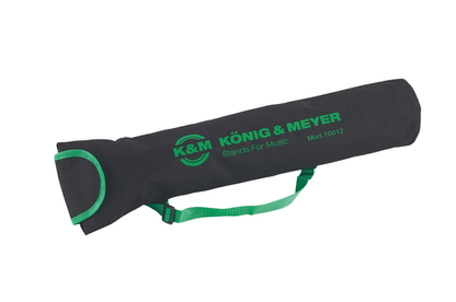 K&M, medium length black stand bag with green carrying strap, trim and logo