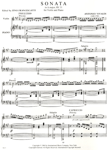 Vivaldi, Antonio (Francescatti): Sonata in A major, RV 31, Op.2 #2 (violin & piano)