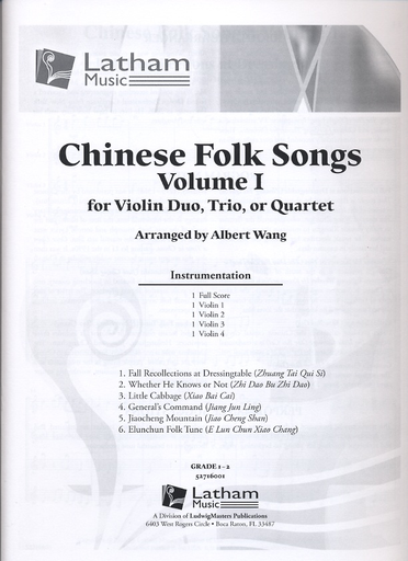 Wang, Albert: Chinese Folk Song, Vol. 1 (for Violin Duo, Trio or Quartet) score and parts