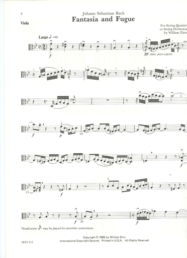 Bach, J.S. (Zinn): Fantasia and Fugue in c minor transcribed for string quartet