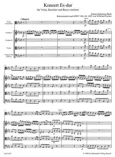 Bach, J.S.: Concerto in Eb Major (viola & basso continuo) Barenreiter