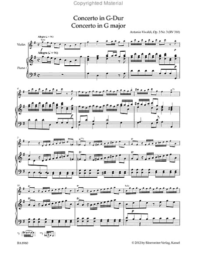Vivaldi, Antonio (Sassmannshaus): Concerto in G major Op. 3 Nr.3 (RV 310) (violin & piano) Barenreiter