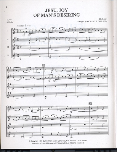 Bach, J.S. (Thurston): Jesu Joy of Man's Desiring (4 violins, score & parts)