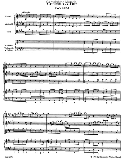 Telemann, G.P.: Concerto in A Major (2 violins, viola, cello, piano) Barenreiter