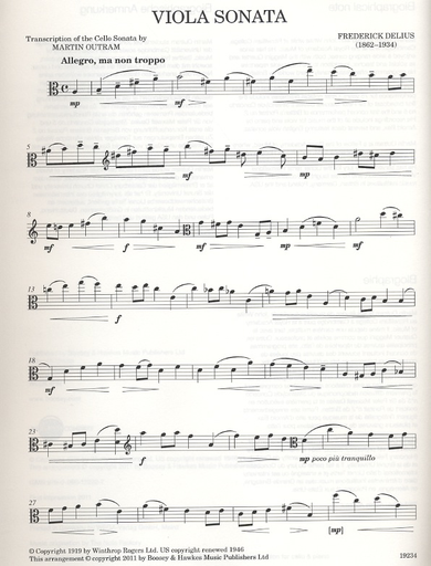 Delius, Frederick: Viola Sonata, transcription of the Cello Sonata (viola & piano)