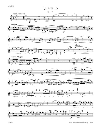 Beethoven (Del Mar): String Quartet in A minor, op. 132, (string quartet parts) Barenreiter