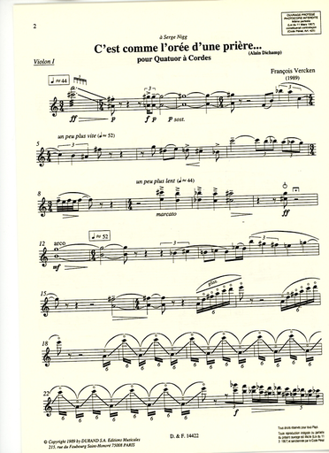 Vercken, Francois: String Quartet C'est Comme L'Oree d'une Priere (score and parts)
