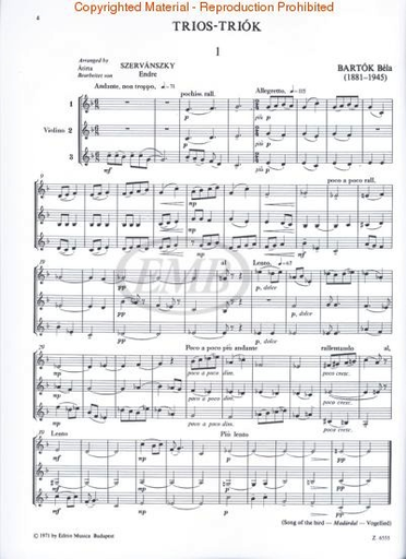 Bartok, B. (Szervanszky): Violin Trios from Choral Works (three violins)