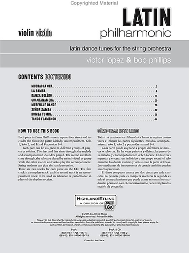 Lopez, V. and Phillips, B.: Latin Philharmonic-latin dance tunes for the stringt orchestra (violin)