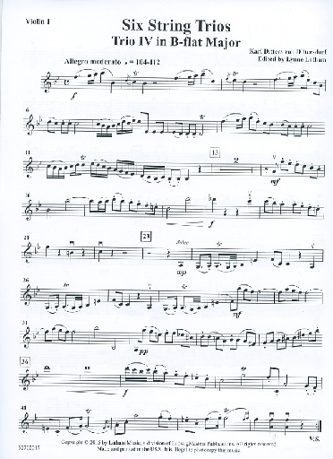 von Dittersdorf, K.D. (Latham): 6 String Trios, Trio 4 in Bb Major (score and parts, with optional viola for 2nd violin part)