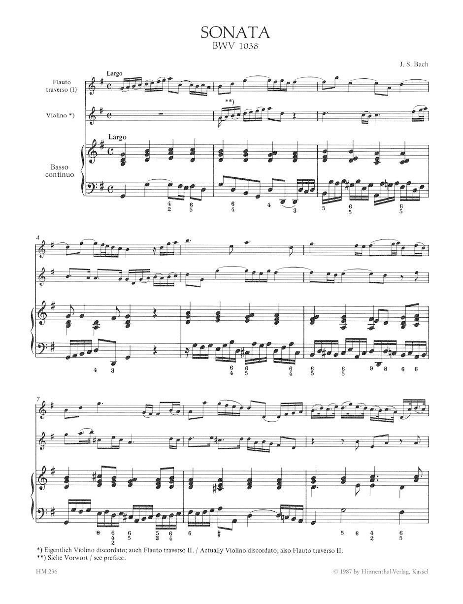 Bach, J.S.: Triosonate for flute, violin and Basso Continuo (keyboard & optional cello) Barenreiter