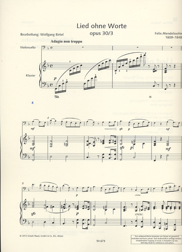 Mendelssohn, F. (Birtel, Mohrs, arr.): Song Without Words, Op 30, No. 3 (cello and piano)