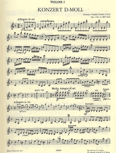 Vivaldi, Antonio: Concerto Grosso Op. 3 No. 11 in d minor (2 violins & piano) PETERS