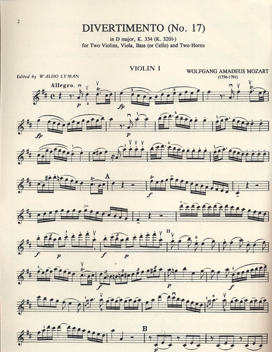 Mozart, W.A.: Divertimento No.17 in D, K 334 (2 violins, viola, bass or cello, 2 horns)