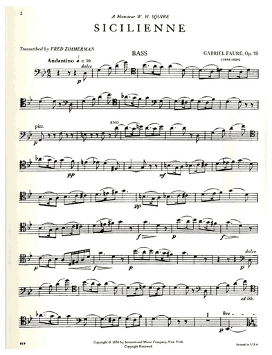 Faure, Gabriel (Zimmermann): Sicilienne Op.78 (bass & piano)