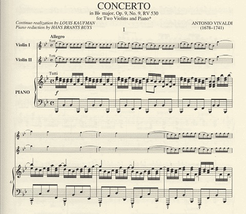Vivaldi, Antonio: Concerto in Bb Op.9#9 La Cetra (2 violins & piano) IMC