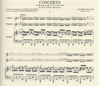 Vivaldi, Antonio: Concerto in Bb Op.9#9 La Cetra (2 violins & piano) IMC