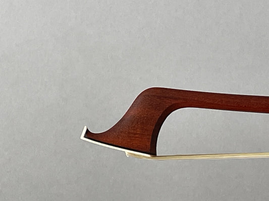 Andre LAVOYE cello bow, round Pernambuco stick, ebony & silver mounted with angled heel, Montreal, Quebec, 80.6g