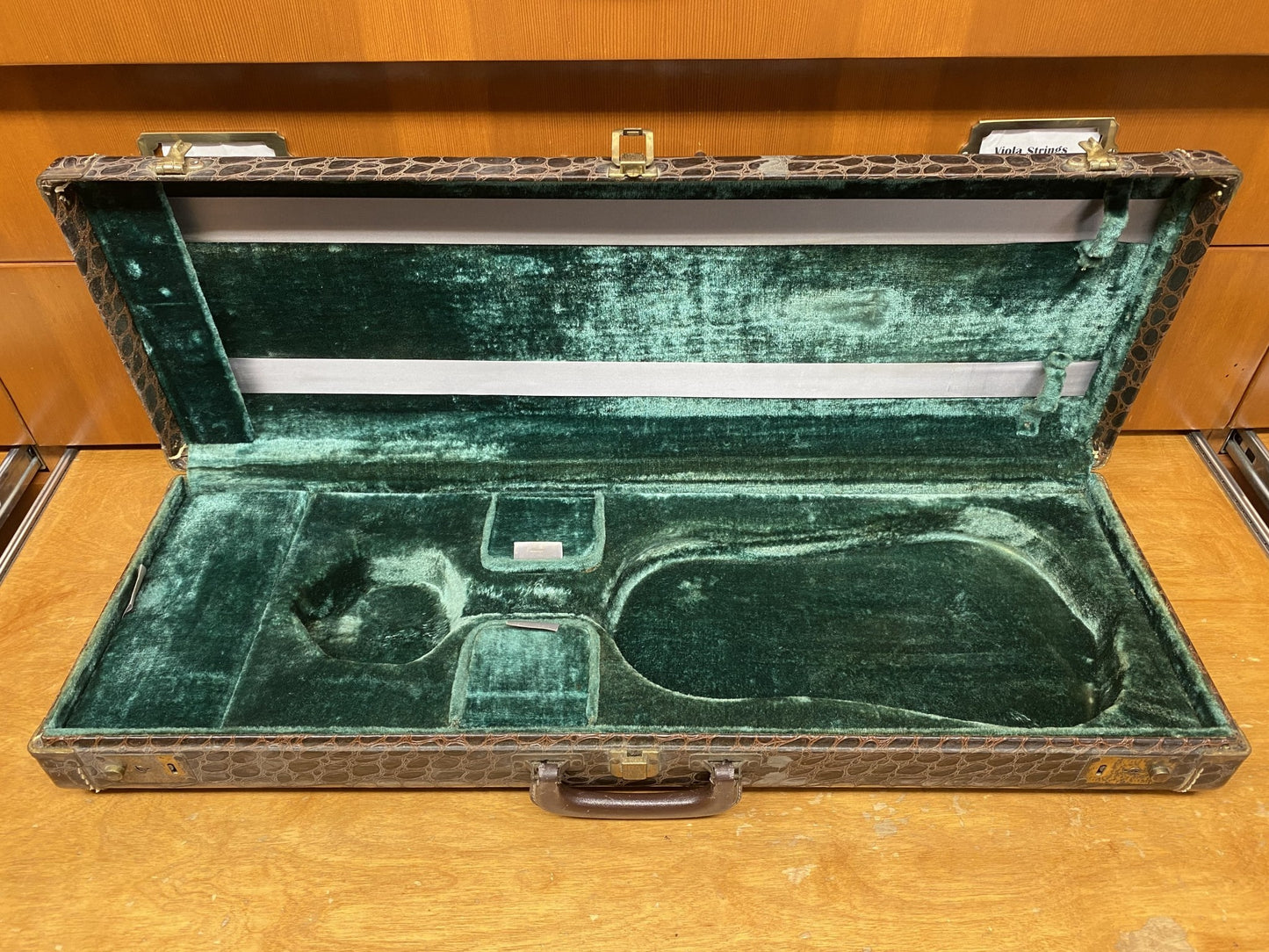 Vintage faux alligator oblong case, green velvet interior | Metzler Violins